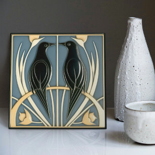 Staubblaues Vintage-Vögel-Mackintosh-Art-Deco-Deko Fliese