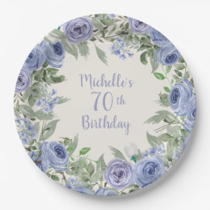 Staubblaues Wasserfarben-Blumen-70. Geburtstag  Pappteller