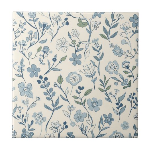 Staubblaues Wildblumenwiesen-Blumenmuster Fliese (Vorderseite)