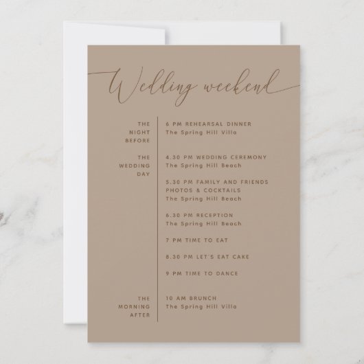 Staubbraunes Hochzeitswochenende-Timeline + Willko Einladung (Rückseite)