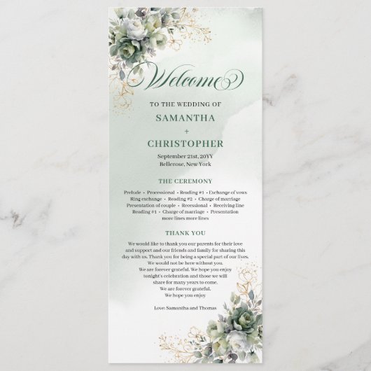 Staubgrün Botanisch Grün Gold Hochzeitsprogramm Programm (Vorderseite)