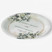 Staubgrüne botanische Blätter Hochzeitspapiertelle Pappteller (Schrägansicht)