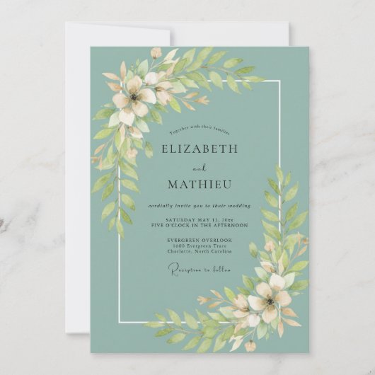 Staubgrüne Teeblatt-Hochzeit Einladung (Vorderseite)