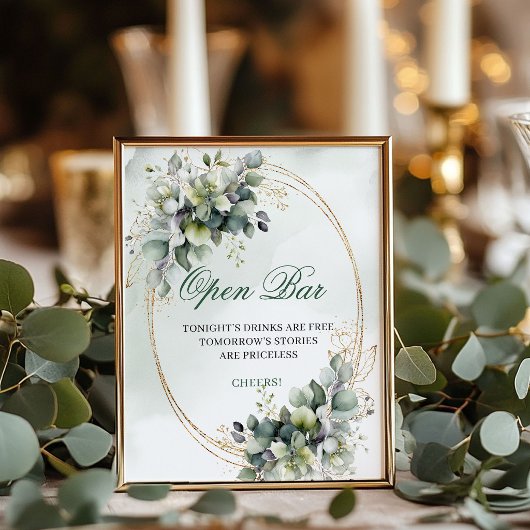 Staubgrünes Eukalyptus-Open-Bar-Hochzeitsschild Poster