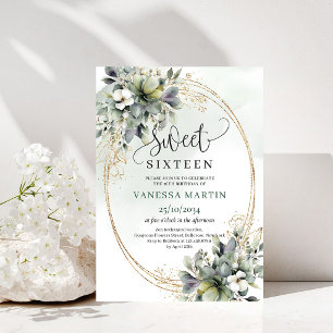 Staubgrünes Eukalyptus Sweet 16 Gold Einladung