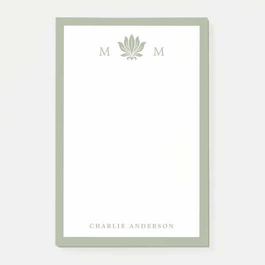 Staubgrünes Lotus-Monogramm Post-it Klebezettel (Vorderseite)
