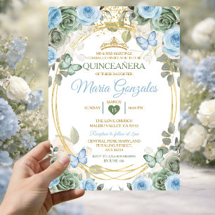 Staubgrünes und staubblaues Blumen-Gold-Quinceañer Einladung