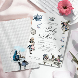 Staubig Blau & Rosa Alice im Wunderland Babyparty Einladung