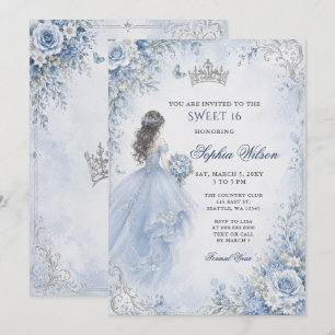 Staubig Blau Silber Blumen Prinzessin SWEET 16 Einladung