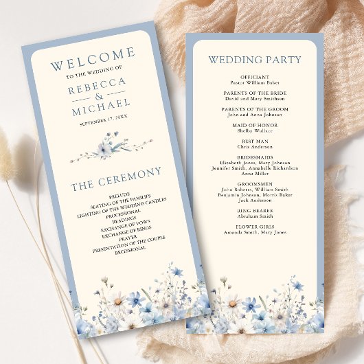 Staubig blaue Boho-Wildblumen-Hochzeitsprogramm