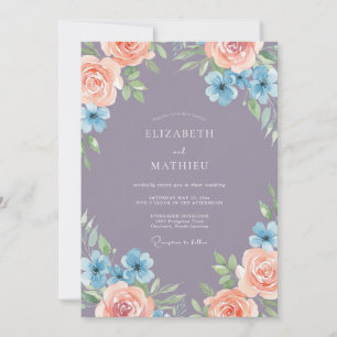 Staubig-lila Aquarell-Hochzeit mit Blumenmuster Einladung