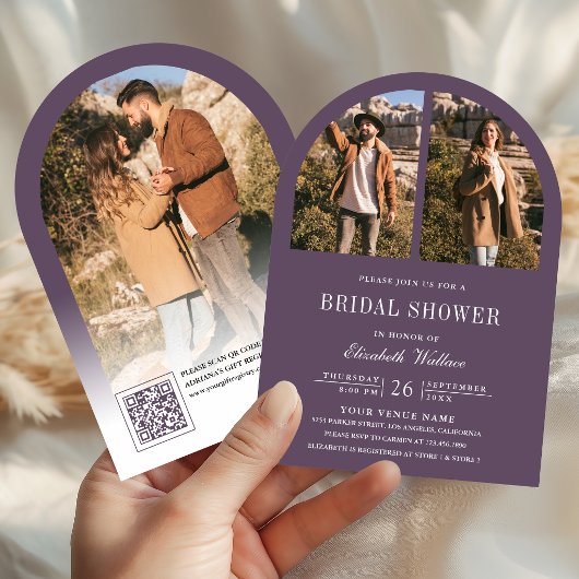 Staubig lila Bogen Foto QR-Code Junggesellinnenabs Einladung