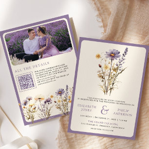 Staubig Lila Boho Wildblumen Foto QR Code Hochzeit Einladung