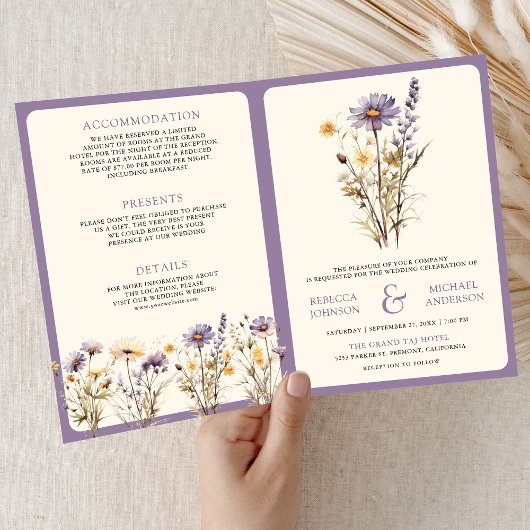 Staubig Lila Boho Wildblumen QR-Code Hochzeit Einladung