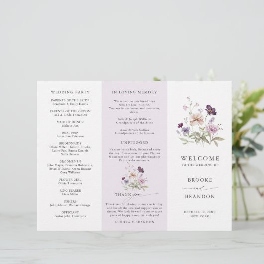 Staubig lila Lavendel Wildblumen Hochzeitsprogramm (Stehend Vorderseite)