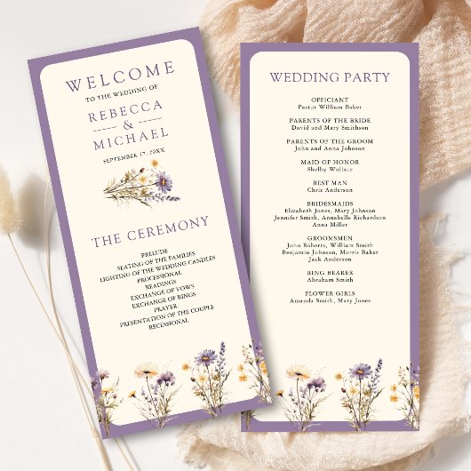 Staubig violette Boho-Wildblumen-Hochzeitsprogramm