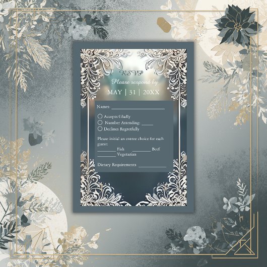 staubige blaue Kunst Deko verzierte Rahmenhochzeit RSVP Karte