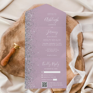 Staubige Flieder-Silber-Glitter-QR-Code-Hochzeit All In One Einladung
