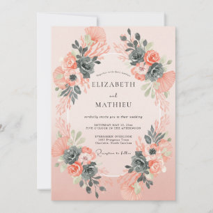 Staubige Korallen-Schiefer-Blüten-Hochzeit Einladung