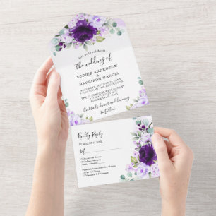 Staubige lila Rose Flieder Blumen Rustikale Hochze All In One Einladung