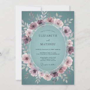 Staubige Mauve-Teal-Kranz-Hochzeit Einladung
