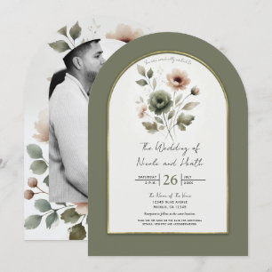 Staubige Olive Rosa und Gold Aquarell Blumen Hochz Einladung