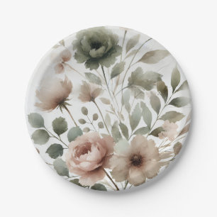 Staubige Olive und rosa Aquarell-Blumenhochzeit Pappteller