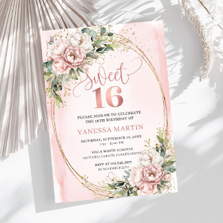 Staubige rosa Blumen Eukalyptus Sweet 16 Einladung