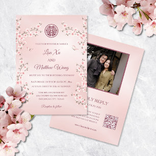 Staubige rosa Blumen Foto-QR-Code Chinesische Ho Einladung