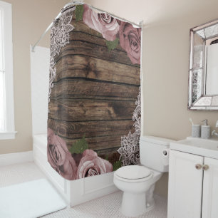 Staubige Rosa Malvenrosen Florale Spitze Holz Rust Duschvorhang