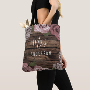 Staubige Rosa Malvenrosen Florale Spitze Holz Rust Tasche