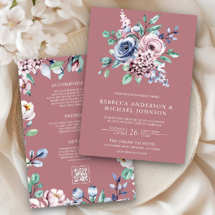 Staubige Rose Blau Pink Blumen QR Code Hochzeit Einladung