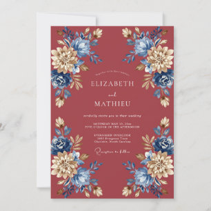 Staubige Rose Blaue Botanische Aquarell-Hochzeit Einladung