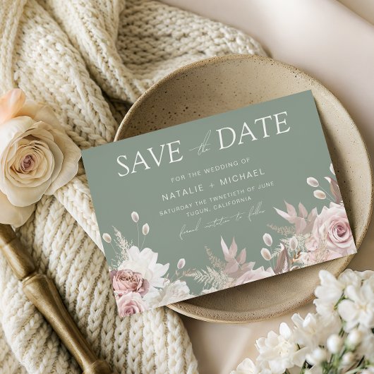 Staubige Rose, Blush & Sage Boho Blumenhochzeit Save The Date