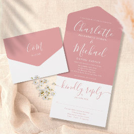 Staubige Rose Elegante moderne Schrift Hochzeit All In One Einladung