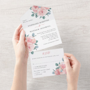 Staubige Rose Eukalyptus Elegante Florale Hochzeit All In One Einladung