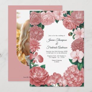Staubige Rose Florale Foto- und QR-Code-Hochzeit Einladung