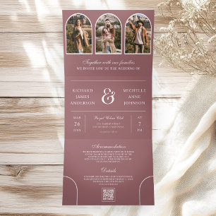 Staubige Rose Minimale Bögen Foto QR Code Hochzeit Dreifach Gefaltete Einladung