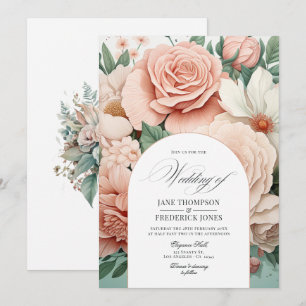 Staubige Rose, Minzgrün und Blush-Blumenhochzeit Einladung