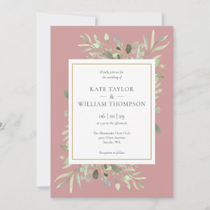 Staubige Rose Pink Mauve Grünzeug Hochzeit Einladung