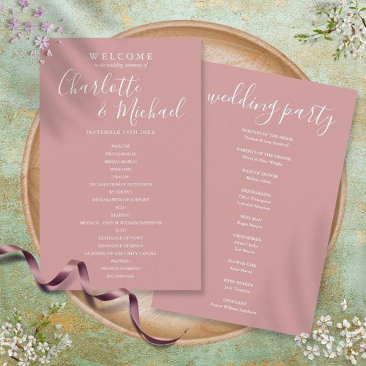 Staubige Rose-Signatur-Skript-Hochzeitsprogramm
