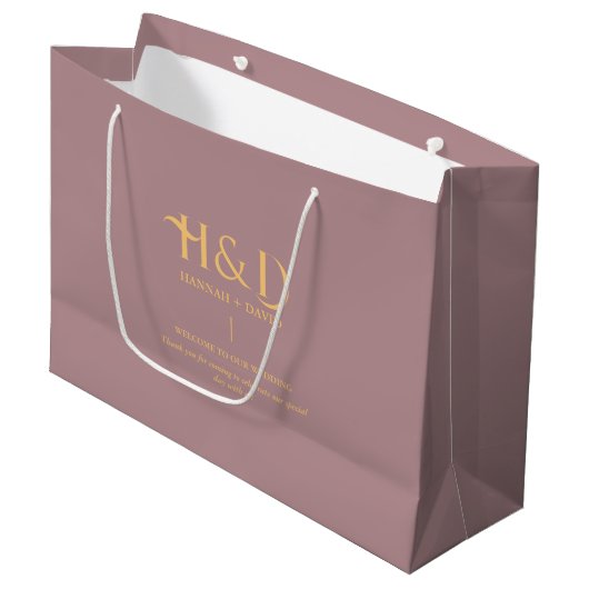 Staubige Rose- und Gold-Monogramm-Hochzeits-Willko Große Geschenktüte (Vorderseite Schrägansicht)
