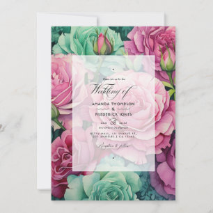 Staubige Rose und Smaragdgrüne Florale Hochzeit Einladung