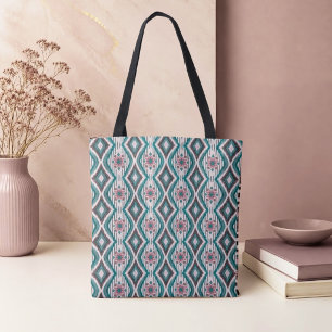 Staubige Rose und Türkisblaue Diamanten und Blumen Tasche