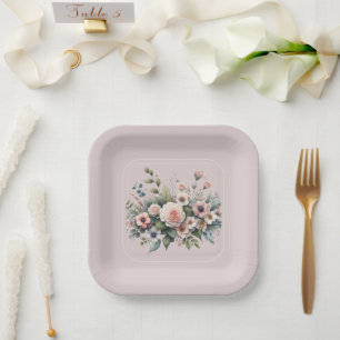 Staubige Rosen Botanische Hochzeitsblumen Aquarell Pappteller