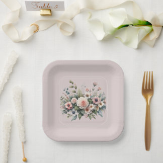 Staubige Rosen Botanische Hochzeitsblumen Aquarell Pappteller