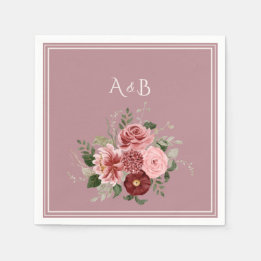 Staubige Rosen-Burgunder-Blumen-Hochzeits-Monogram Serviette