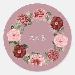 Staubige Rosen-Burgunder-Blumenkranz-Hochzeitsmono Runder Aufkleber