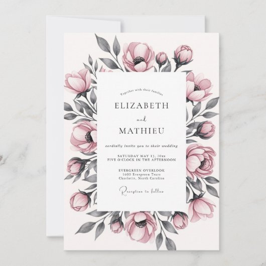Staubige Rosen Florale Romantische Hochzeit Einladung (Vorderseite)