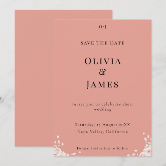 Staubige Rosen flüsternde Blütenblätter Minimalist Save The Date (Vorne/Hinten)